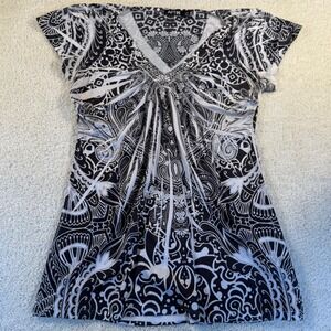 APT 9 Black and White Print Short Sleeve Blouse Women's Size Petite Large